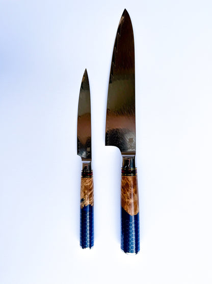 2 Piece - 67 Layer Damascus Steel with Solidified Wood and Resin handle.