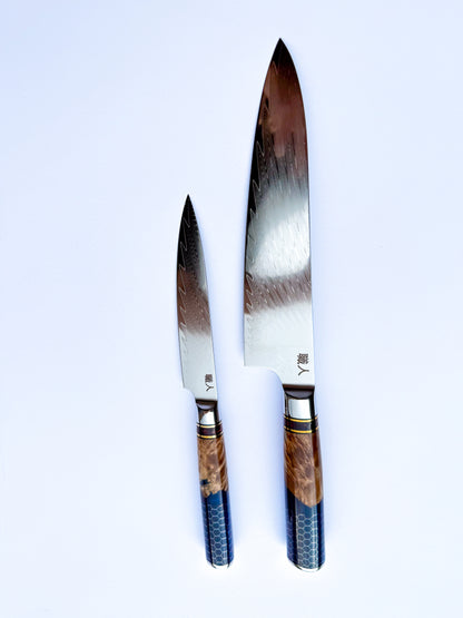 2 Piece - 67 Layer Damascus Steel with Solidified Wood and Resin handle.