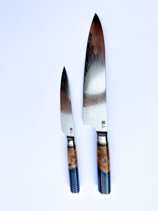 2 Piece - 67 Layer Damascus Steel with Solidified Wood and Resin handle.