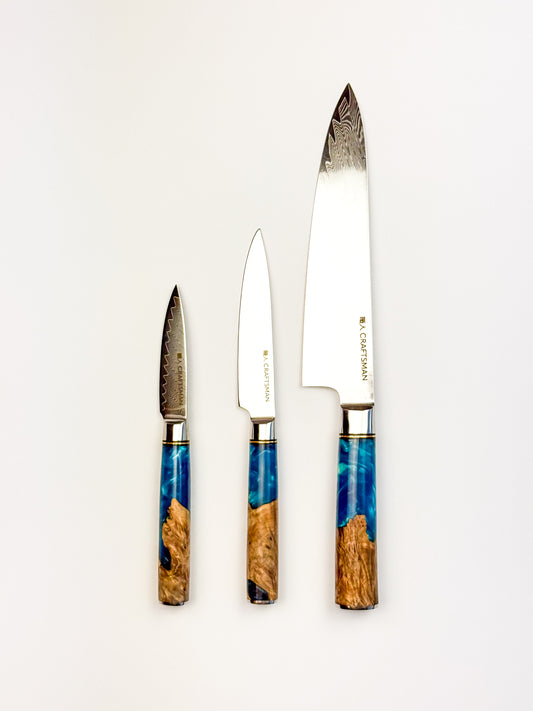 3-Piece Knife Set – Resin & Solidified Wood Handles (67-Layer Damascus Steel)