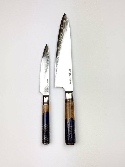 2 Piece - 67 Layer Damascus Steel with Solidified Wood and Resin handle.