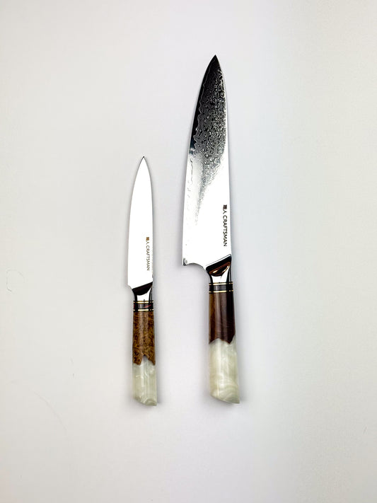 2-Piece Knife Set – White Resin & Solidified Wood Handles (67-Layer Damascus Steel)