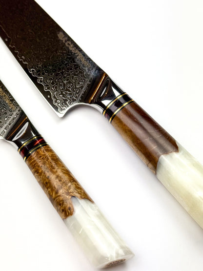 2-Piece Knife Set – White Resin & Solidified Wood Handles (67-Layer Damascus Steel)