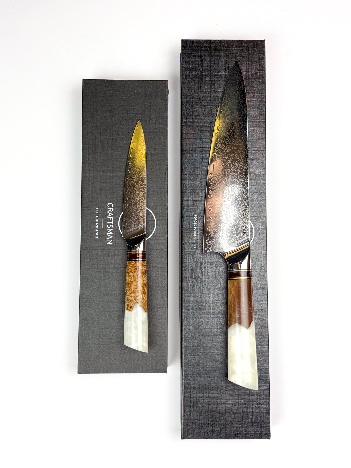 2-Piece Knife Set – White Resin & Solidified Wood Handles (67-Layer Damascus Steel)