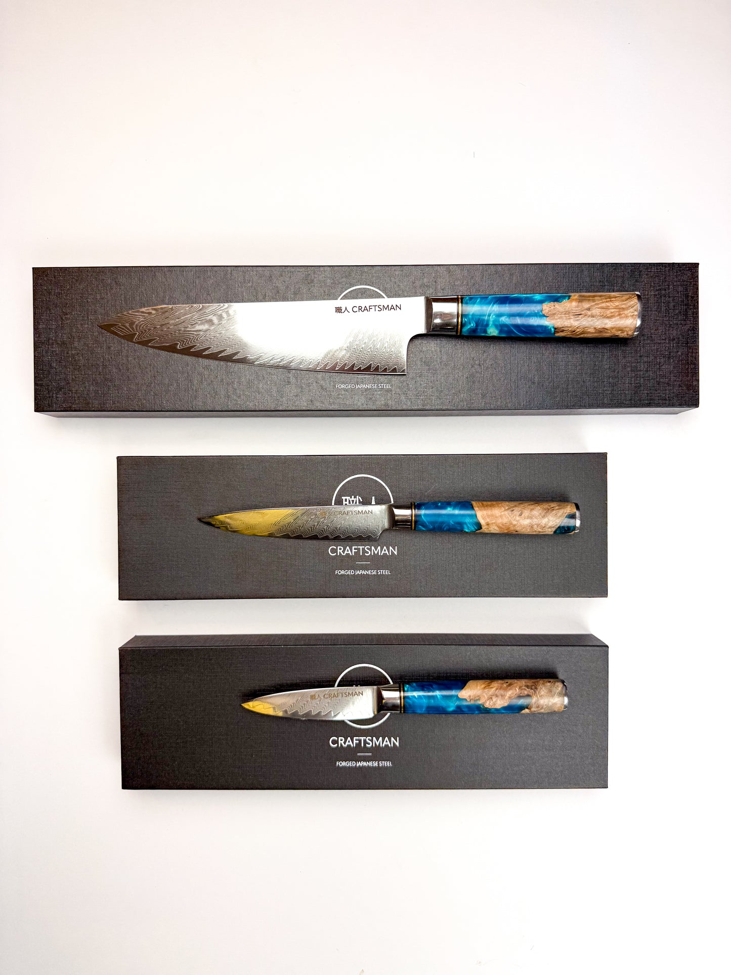 3-Piece Knife Set – Resin & Solidified Wood Handles (67-Layer Damascus Steel)