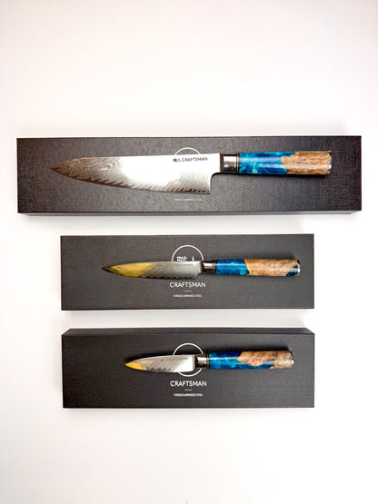 3-Piece Knife Set – Resin & Solidified Wood Handles (67-Layer Damascus Steel)